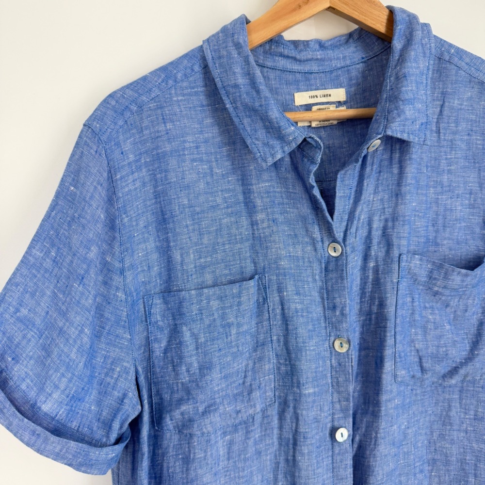 Christian Siriano Blue 100% Linen Short Sleeve Button Up Shirt Tunic Large - Picture 2 of 7